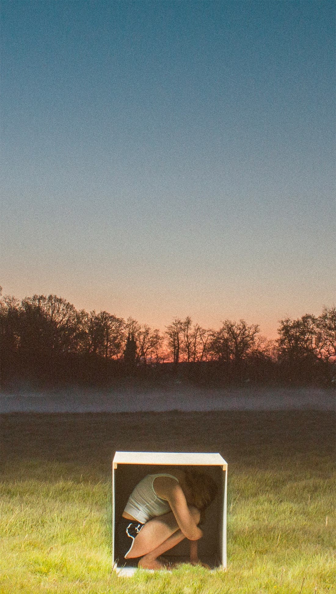 woman trapped in a cardboard box in the middle of an empty field at sunset